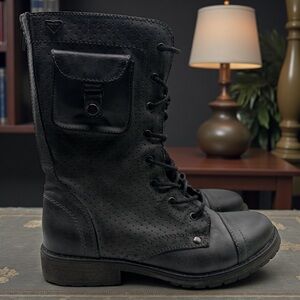 ROXY BLACK FAUX LEATHER LACE-UP COMBAT BOOTS SIDE ZIP POCKET SIZE 8.5